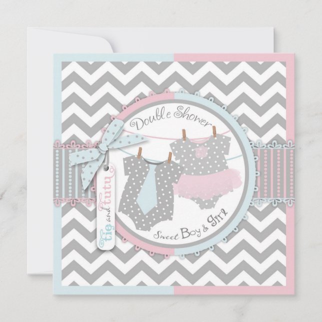 Twins Tie Tutu Chevron Baby Shower Invitation (Front)