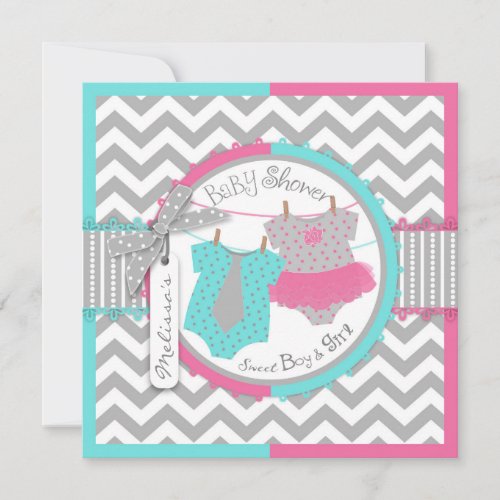 Tutu &amp; Tie &amp; Chevron Print Twin Baby Shower Announcement