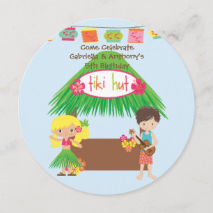 Twins Tiki Hut Round Luau Birthday Invitation