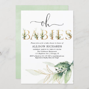 Twins triplets gender neutral greenery baby shower invitation