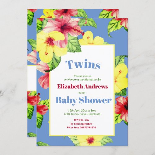 Twins Tropical  Floral  Baby Shower  Blue Invitation