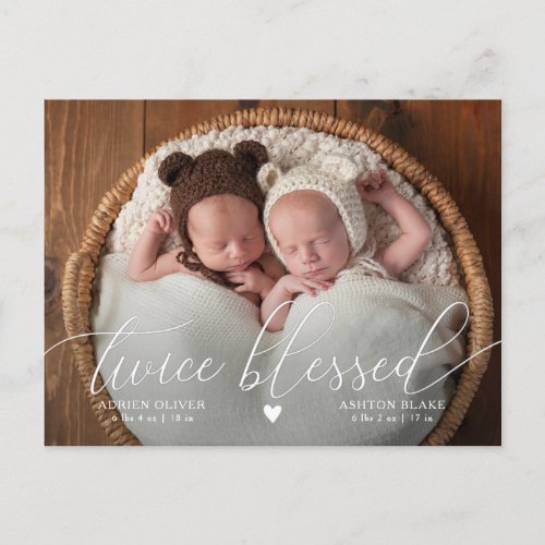 TWINS Twice Blessed Baby Photo Birth Announcement 