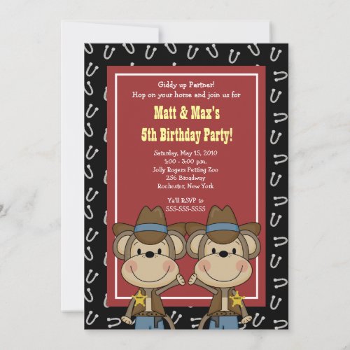 TWINS Twin Boys Western Cowboy Monkey 5x7 Birthday Custom Invites