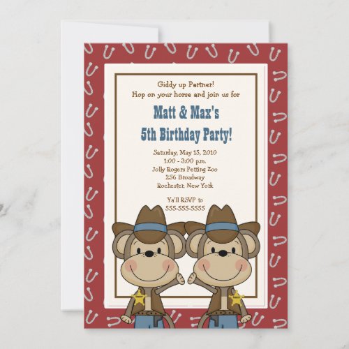 TWINS Twin Boys Western Cowboy Monkey 5x7 Birthday Invitation