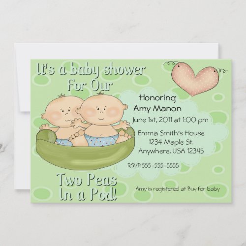 Twins two peas in a pod baby shower invitation