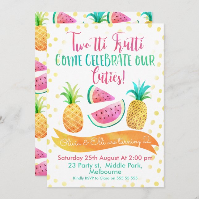 Twins Two-tti Frutti 2nd Birthday Invitation (Front/Back)