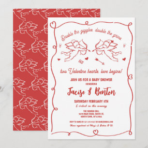 Twins Valentines Baby Shower Cupid Red Boy Love Invitation