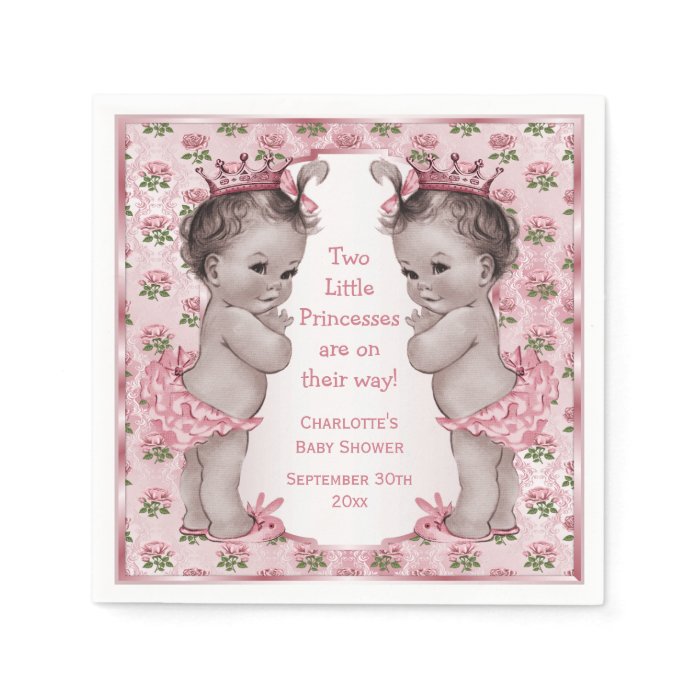 Twins Vintage Princess Pink Roses Baby Shower Paper Napkins