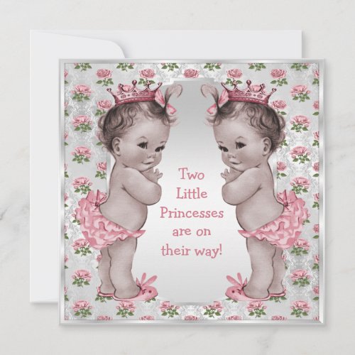 Twins Vintage Princess Roses Silver Baby Shower Invitation