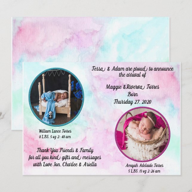 Twins Watercolor Birth Announcement (Front/Back)