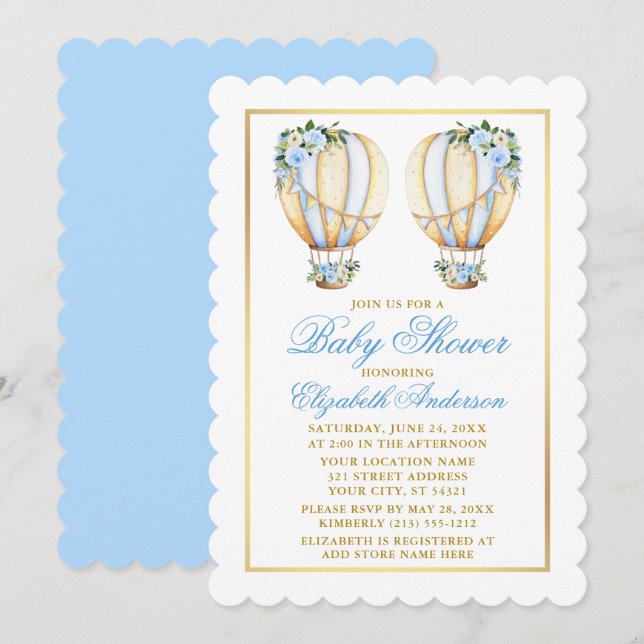 Twins Watercolor Blue Floral Balloons Baby Shower Invitation (Front/Back)