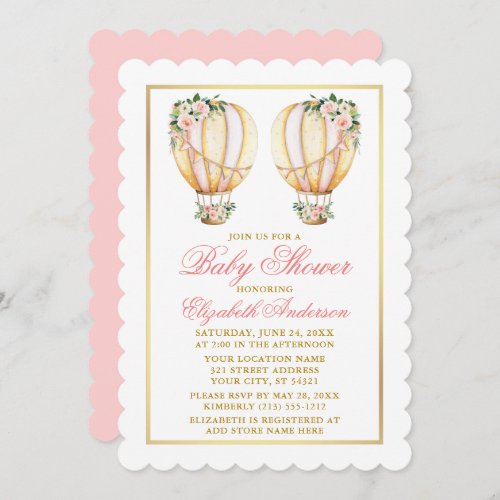 Twins Watercolor Pink Floral Balloons Baby Shower Invitation