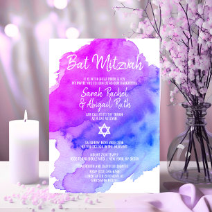 Twins Watercolor Purple Blue Star BAT MITZVAH Invitation