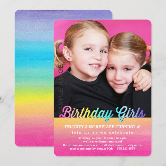 Twins Watercolor Rainbow Birthday Party Invitation (Front/Back)