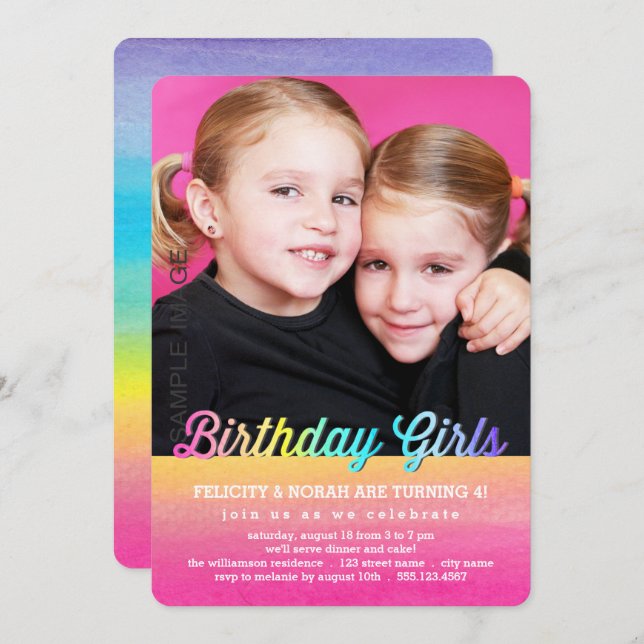 Twins Watercolor Rainbow Birthday Party Invitation (Front/Back)