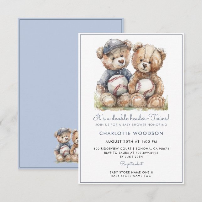 Twins Watercolor Teddy Bears Invitation (Front/Back)