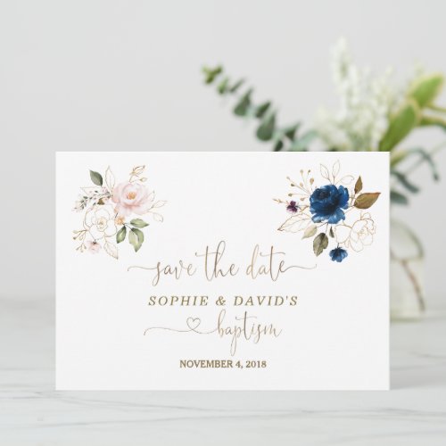 Twins Watercolour Pink Blue Floral Gold Baptism Save The Date