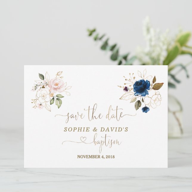 Twins Watercolour Pink Blue Floral Gold Baptism Save The Date (Standing Front)