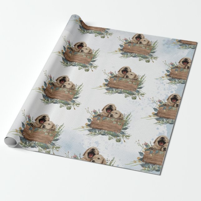 Twins Watercolour Puppies Baby  Wrapping Paper (Unrolled)