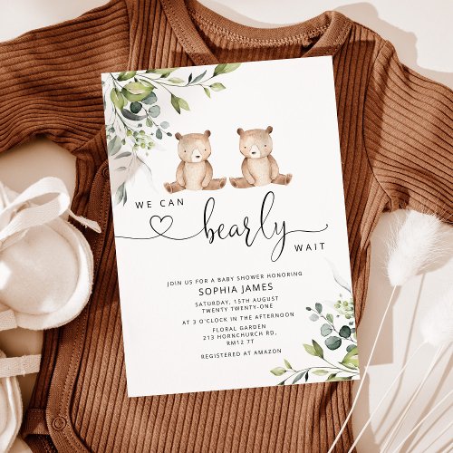 Twins We can bearly wait baby shower invitation