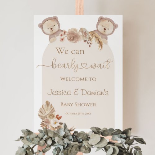 Twins We Can Bearly Wait Boho Baby Shower Welcome Poster