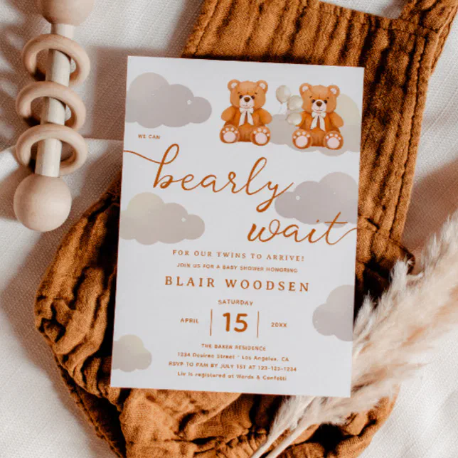 Twins We Can Bearly Wait Teddy Bear Baby Shower Invitation | Zazzle