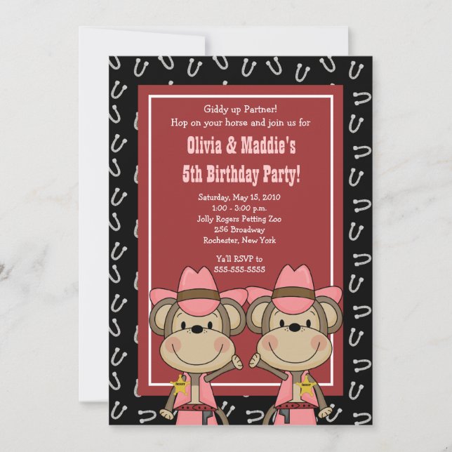 TWINS Western Cowgirl Monkey 5x7 Birthday Invitation (Front)