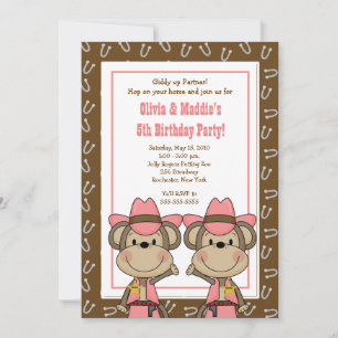 TWINS Western Cowgirl Monkey 5x7 Birthday Invitation