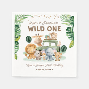 Twins Wild One 1st Birthday Safari Animals Napkins