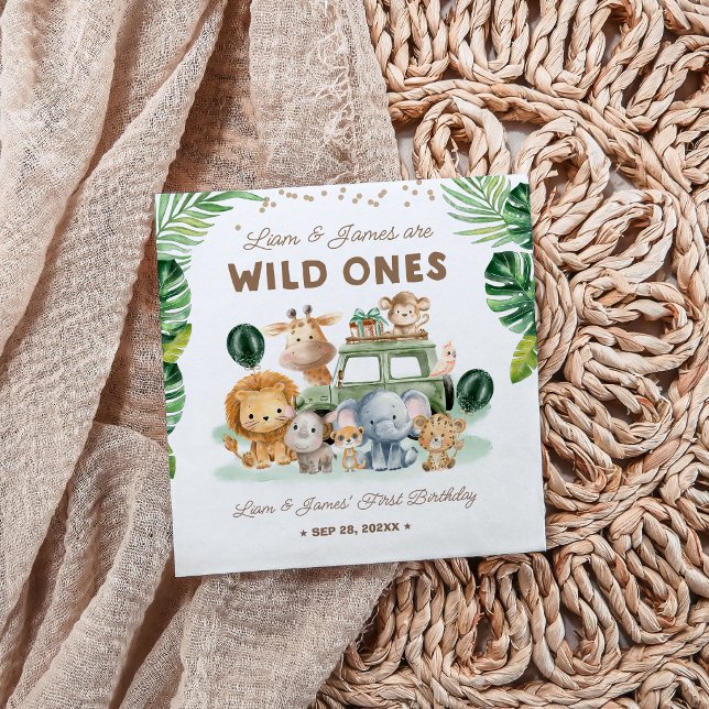 Twins Wild One 1st Birthday Safari Animals Napkins (Creator Uploaded)