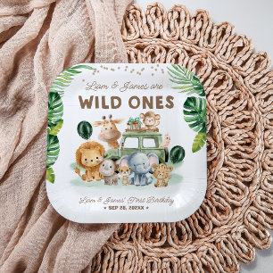 Twins Wild One 1st Birthday Safari Animals Paper Plates