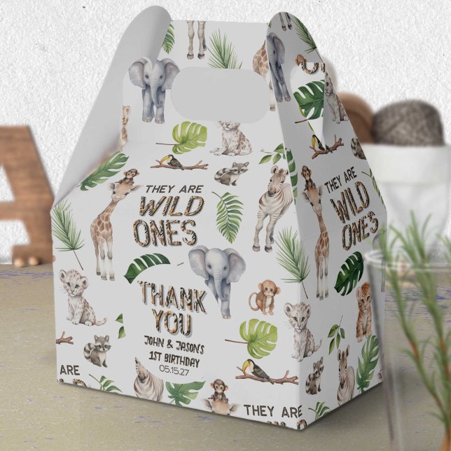 Twins Wild One Baby Boys 1st birthday Safari  Favor Boxes (Twins Baby Boys 1st birthday, Wild One Safari Animals Themed Birthday  favor box.)
