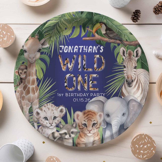 Twins Wild one Navy blue Jungle 1st birthday snack Paper Plates (Creator Uploaded)