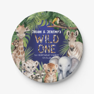 Twins Wild one Navy blue Jungle theme 1st birthday Paper Plates