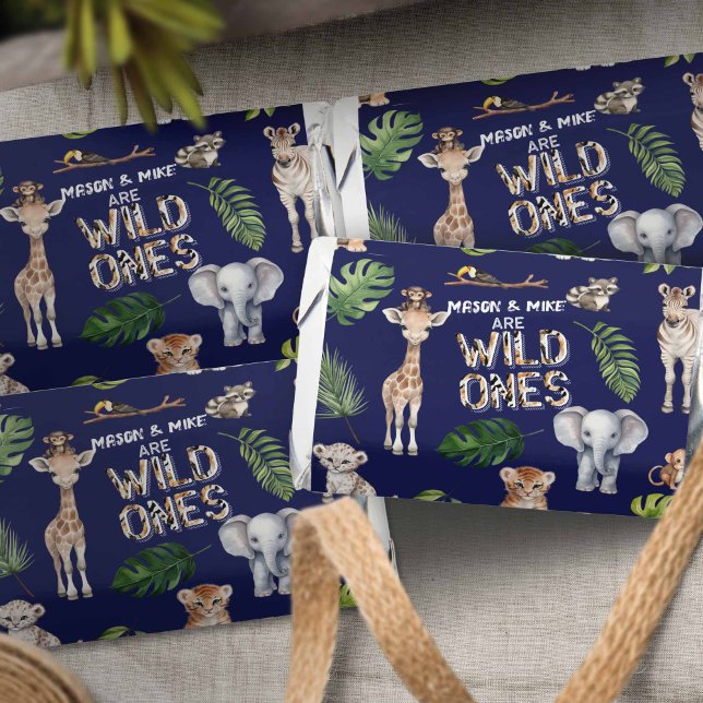 Twins Wild One Navy Blue Safari 1st birthday Hershey's Miniatures (Twins, Navy Blue Safari Themed baby boys 1st birthday party chocolate favors.)