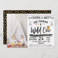 Twins Wild One Photo 1st Birthday Invitation