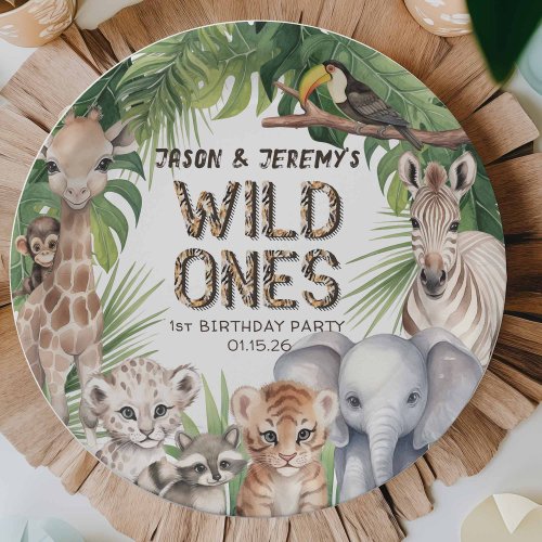 Twins Wild one Safari animals jungle 1st birthday Paper Plates