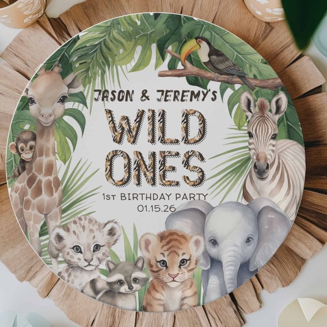 Twins Wild one Safari animals jungle 1st birthday Paper Plates (Wild one 1st birthday, Safari animals themed boy first birthday celebration paper plates.)