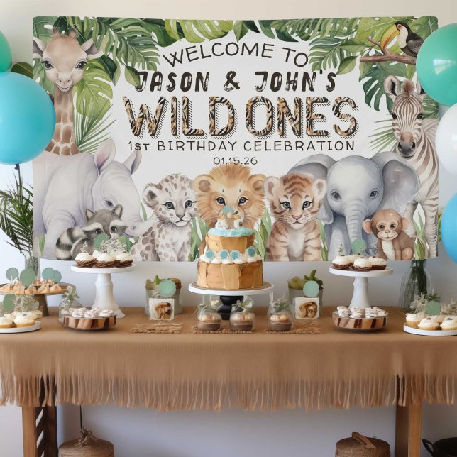Twins Wild Ones 1st Birthday Safari Themed Welcome Banner (Twins Wild one 1st birthday welcome backdrop, Safari themed boy first birthday. Jungle animals.)