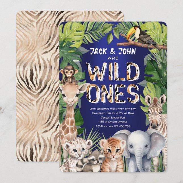 Twins Wild Ones, Jungle Safari Navy 1st birthday Invitation (Front/Back)