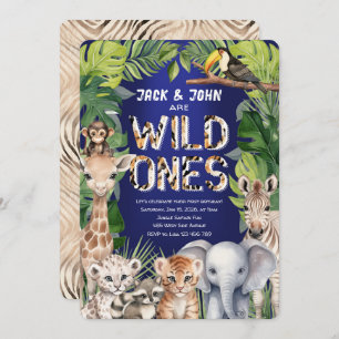 Twins Wild Ones, Jungle Safari Navy 1st birthday Invitation
