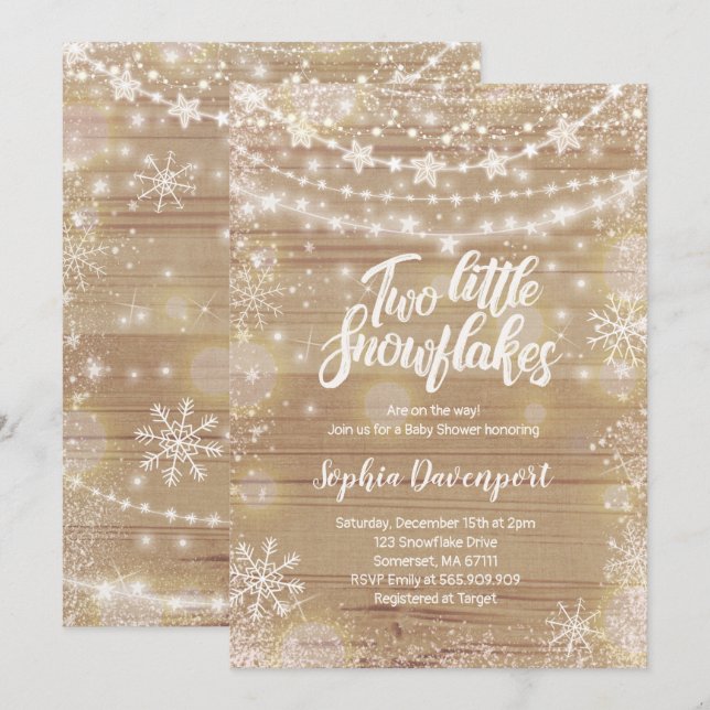 Twins Winter Baby Shower Invitation Rustic White (Front/Back)