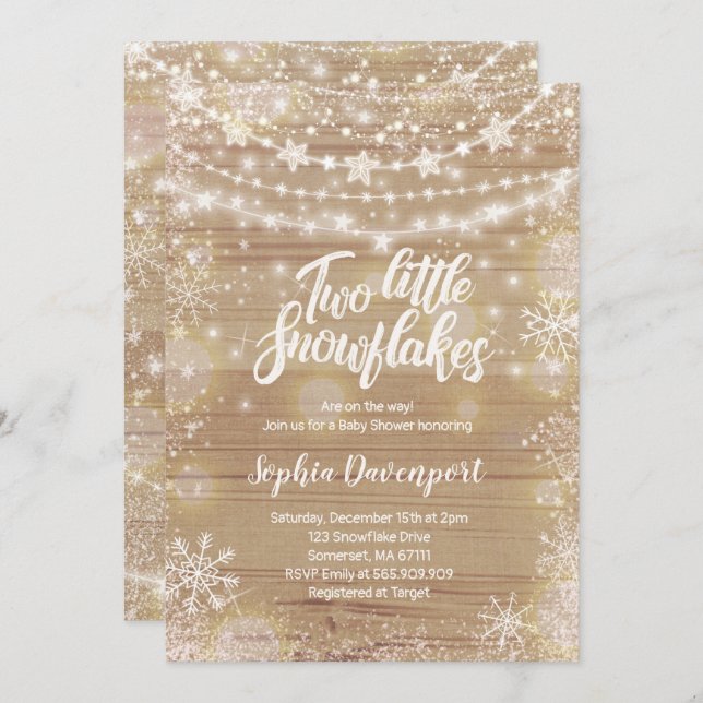 Twins Winter Baby Shower Invitation Rustic White (Front/Back)