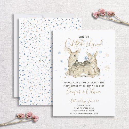 Twins Winter ONEderland Deer Babys 1st Birthday Invitation