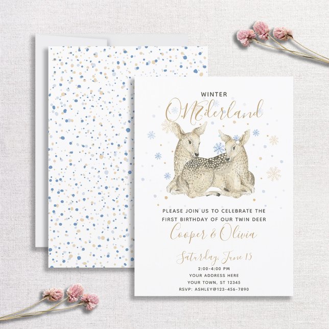 Twins Winter ONEderland Deer Baby's 1st Birthday Invitation (Creator Uploaded)