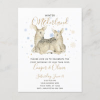 Twins Winter ONEderland Deer Baby's 1st Birthday Invitation Postcard