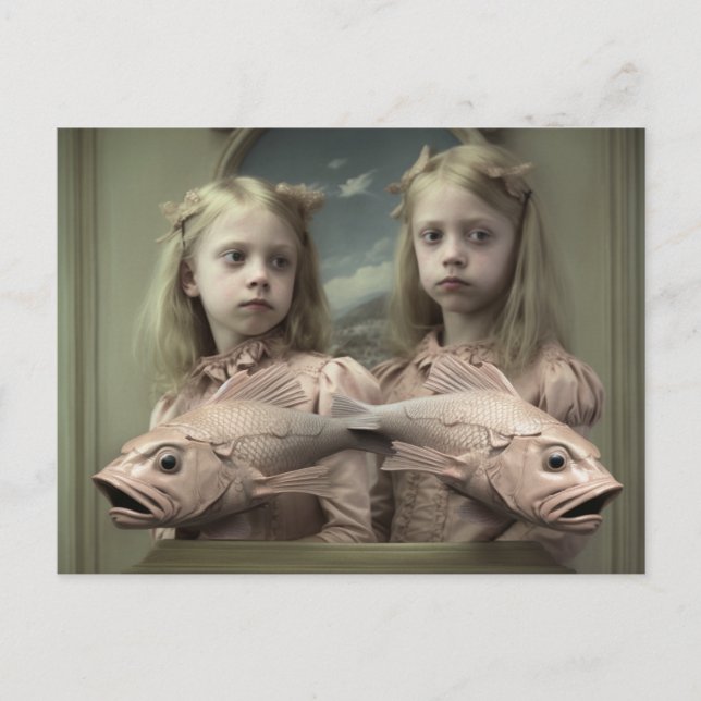 Twins With Pink Fish Horror Postcard (Front)