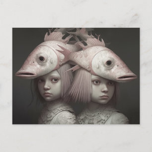 Twins With Pink Fish on Heads Horror AI Art Postcard