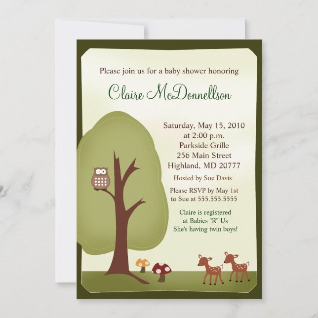 TWINS Woodland Forest  5x7 Baby Shower Invitation (Front)