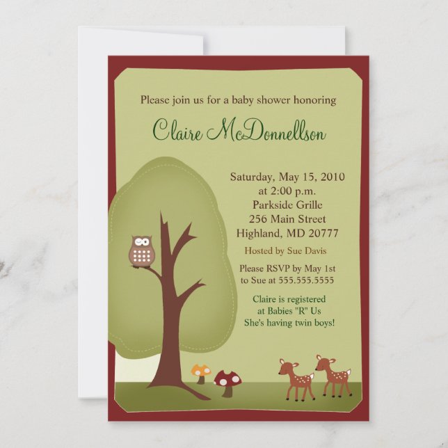 TWINS Woodland Forest  5x7 Baby Shower Invitation (Front)